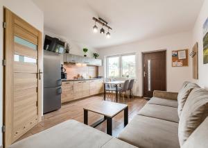 a living room with a couch and a kitchen at Apartamenty Zatoka Relaksu Sauna i Balia in Polańczyk