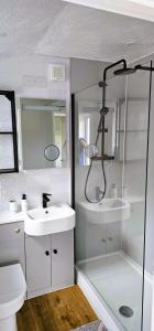 une salle de bain blanche avec deux lavabos et une douche dans l'établissement Awelfa a peaceful cottage in the Cambrian mountains, à Llanbrynmair
