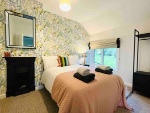 - une chambre avec 2 lits, un miroir et une cheminée dans l'établissement Awelfa a peaceful cottage in the Cambrian mountains, à Llanbrynmair