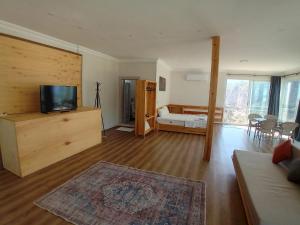 a living room with a television and a bedroom at GREEN HiLL DEFNE APART in Kas