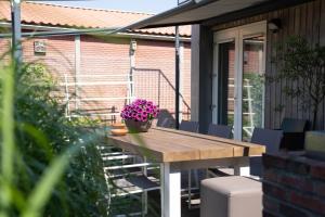 a wooden table with a potted plant on a patio at Table d'Hôte Teune & Janna in Zoutelande