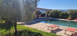 einen Pool mit zwei roten Stühlen im Hof in der Unterkunft La Bastide des Muriers in Gargas + 18 Fotos