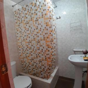 a bathroom with a shower with a toilet and a sink at AKAO HOUSE in Arequipa