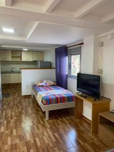 a bedroom with a bed and a flat screen tv at Garden Rooms in Himare