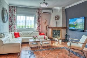 a living room with a couch and a fireplace at Casa Hollandia in Viñuela