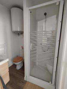 a glass shower in a bathroom with a toilet at Studio - Centre-ville in Morlaix