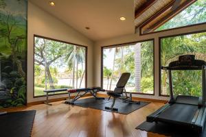 a gym with two exercise machines and large windows at Palms 3- Luxury Beachfront Villa in Playa Flamingo