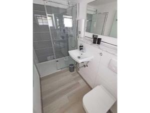 une salle de bain avec un lavabo, des toilettes et un miroir dans l'établissement Naturgeist Comfortable holiday residence, à Nöschenrode 13 autres photos