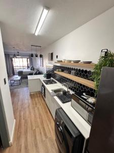 ウムドロティにあるLuxury modern studio apartmentのシンクとコンロのあるキッチン トップオーブン