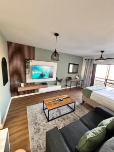ウムドロティにあるLuxury modern studio apartmentのリビングルーム(ベッド1台、壁掛けテレビ付)