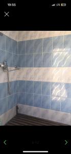 a bathroom with blue and white tiles on the wall at У Назгули in Cholpon-Ata +21 photos