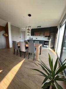 a kitchen and dining room with a table and chairs at Panorama Kosmaj in Drumine