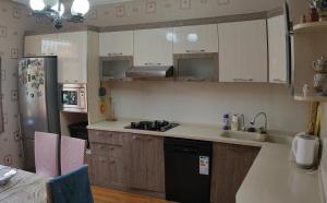 a kitchen with white cabinets and a black refrigerator at Cozy House in Bina, Bolluq in Baku