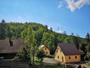 a group of houses in front of a mountain at Chata TICHA in Oščadnica