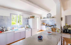 a kitchen with white cabinets and a white refrigerator at Gorgeous Home In Callian With Wifi in Callian