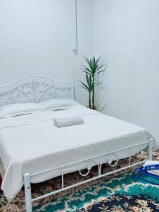a white bed in a room with a rug at Alora Homestay in Alor Setar