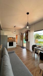 a living room with a couch and a table at Story Cabin Lake in Cîmpeneşti