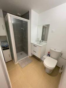 a bathroom with a shower and a toilet and a sink at Appartement avec piscine in Saint-Laurent-du-Var