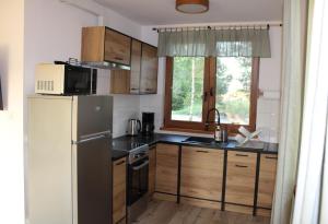 a kitchen with a refrigerator and a sink at Checz pod Brzozami in Żuromino