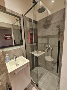 une salle de bain avec une douche en verre et un lavabo dans l'établissement Romantic Apartment Deluxe in Karlovy Vary City Centre, à Karlovy Vary