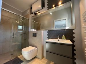 a bathroom with a toilet and a sink and a shower at Apartamenty i Domki WyDmy Międzywodzie in Międzywodzie +228 photos