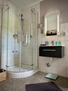 a bathroom with a shower and a sink at Pures Wohlfühlen mit privater Sauna & Garten in Meschede