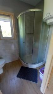 a bathroom with a shower and a toilet and a window at Mazury - domki Wzgórza Dybowskie całoroczne- bania z jacuzzi , sauna in Dybowo +42 photos