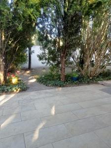 une passerelle en pierre avec des arbres dans un parc dans l'établissement petite maison avec jardin calme, au Thor 6 autres photos