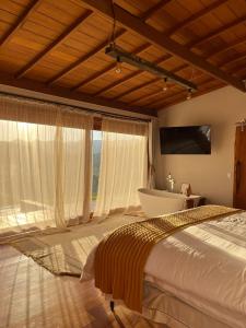 a bedroom with a bed and a tub and a television at Cabana Girassol in Gonçalves