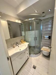 a bathroom with a shower and a sink and a toilet at Naxos Mare in Agia Anna Naxos