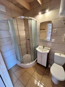 a bathroom with a shower and a toilet and a sink at Bulisar - Domki Sarbinowo in Sarbinowo +19 photos