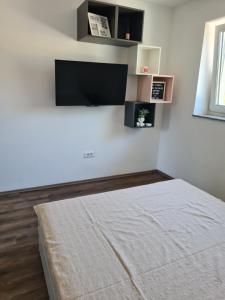 sypialnia z łóżkiem i telewizorem z płaskim ekranem w obiekcie Rooms and apartments Vili w Ptuju