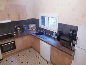 a kitchen with a counter and a sink and a refrigerator at Maison chaleureuse La Meybel in La Bresse