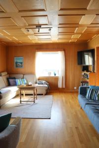 a living room with a couch and a table at Gammelbutikken Guesthouse in Pettvik