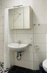 a bathroom with a sink and a mirror at Tohuus1875 in Warendorf
