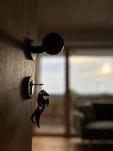 a door handle with a key in a room at Hotel Frost in Maribor