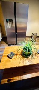 a wooden table with a potted plant on top of it at "Instant Zen" Chambre double - 15 min Merignac airport et Bordeaux in Saint-Médard-en-Jalles