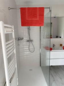 a bathroom with a shower with a red towel at Chambre d'hôtes chez Marie Pierre in Nissan-lez-Enserune +15 photos