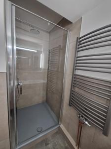 a shower with a glass door in a bathroom at Modern & Vintage Bocksbergblick Ferienpark Hahnenklee in Hahnenklee-Bockswiese +43 photos