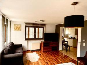 a living room with a couch and a flat screen tv at DreamHouse Apartments in Künzelsau