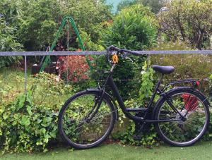 a black bike parked next to a garden at Chambre ville & campagne in Nantes
