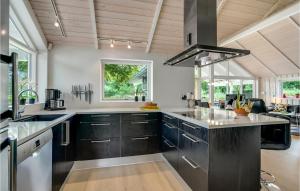 a kitchen with black cabinets and a stove top oven at Lovely Home In Hobro With Wifi in Hobro