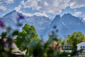 a mountain range in the distance with trees and houses at Heimatliebe in Garmisch-Partenkirchen +1 photo