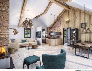 - un salon ouvert avec une cheminée et une table dans l'établissement Tomtegl-Bergchalet-No-2-mit-Privatsauna-Infinitypool-Kamin-Fitnessraum-1500m-Seehoehe, à Hochrindl