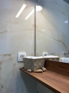 a bathroom with a counter with rocks on it at Apartmani Kolaković in Arandjelovac