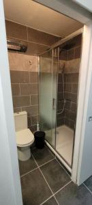 ein kleines Badezimmer mit Toilette und Dusche in der Unterkunft Studio - La Grande Motte in La Grande-Motte + 16 Fotos