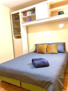 a bedroom with a bed in a room with shelves at Big Apartment with Wifi, AC and SmartTV in Novi Sad