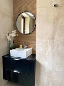 a bathroom with a white sink and a mirror at Magnifique 3 Pièces 60m2 central et proximité du lac in Bozel +12 photos