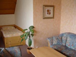 Zimmer mit Sofa und Tisch mit Pflanze in der Unterkunft Pension Nostalgie in Beroun