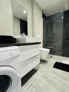 une salle de bain avec un lavabo et une machine à laver dans l'établissement Le Bel Air - Terrasse - WIFI, à Bègles